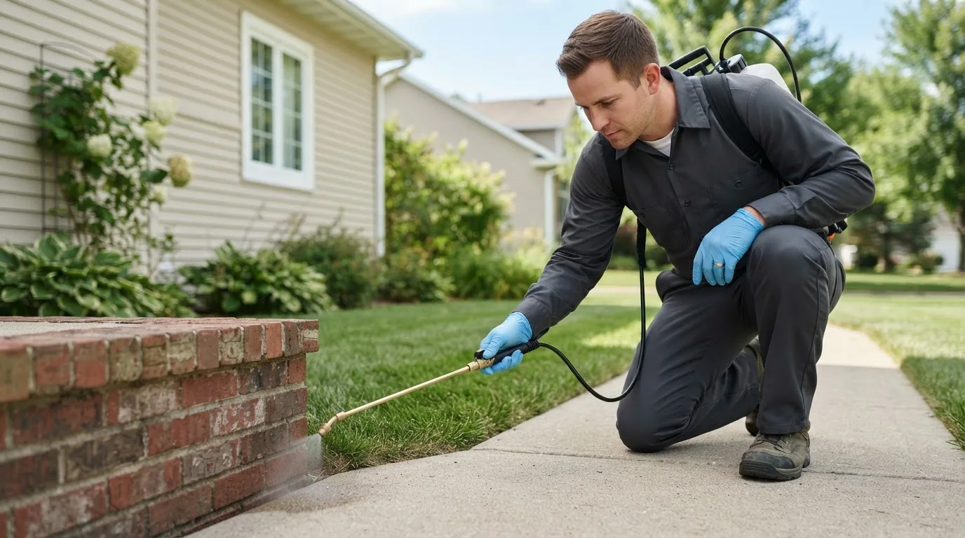 Pest control technician treating a home near Menomonie, WI