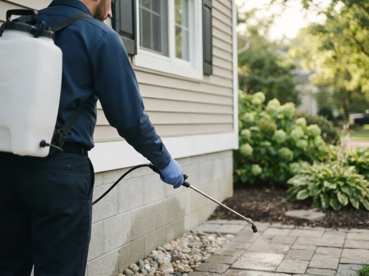 Pest control technician inspecting a home in Menomonie, WI